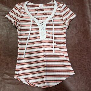No Boundaries XS Striped Lace-Up V-Neck Short Sleeve Top